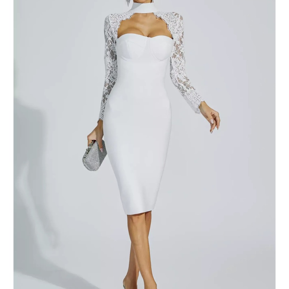 NOOKIE Elegant White Lace Sleeve Dress